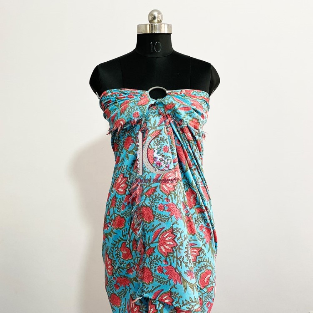 Hand Block Printed Beach Wear Sarong - Cotton, 44x72 Inches | Unisex, Multicolor Floral Prints, Hand Made, Versatile Wraps & Styles