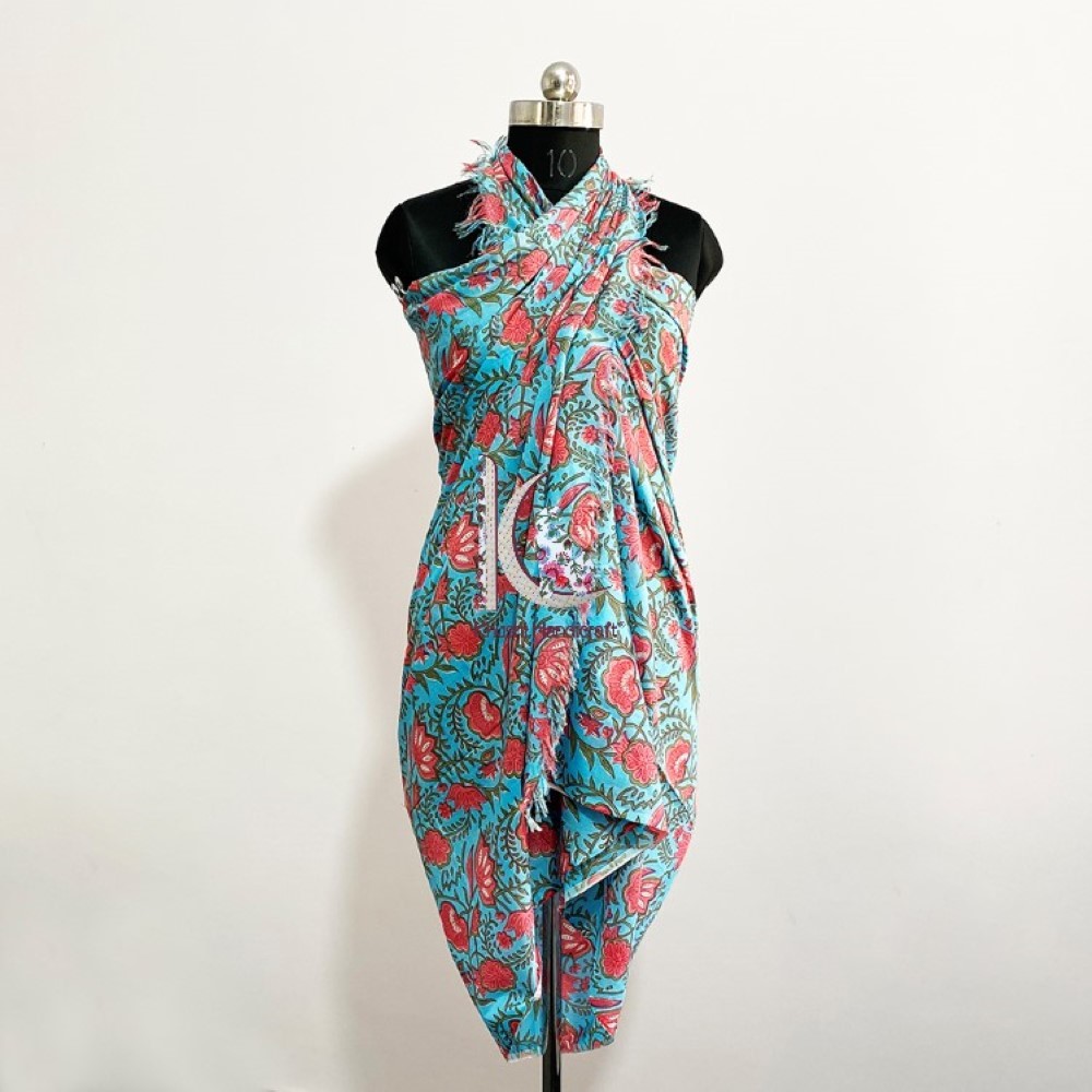 Hand Block Printed Beach Wear Sarong - Cotton, 44x72 Inches | Unisex, Multicolor Floral Prints, Hand Made, Versatile Wraps & Styles