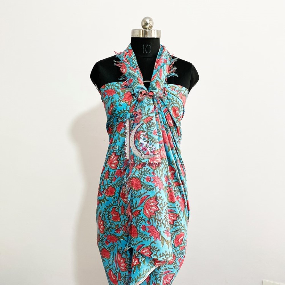 Hand Block Printed Beach Wear Sarong - Cotton, 44x72 Inches | Unisex, Multicolor Floral Prints, Hand Made, Versatile Wraps & Styles