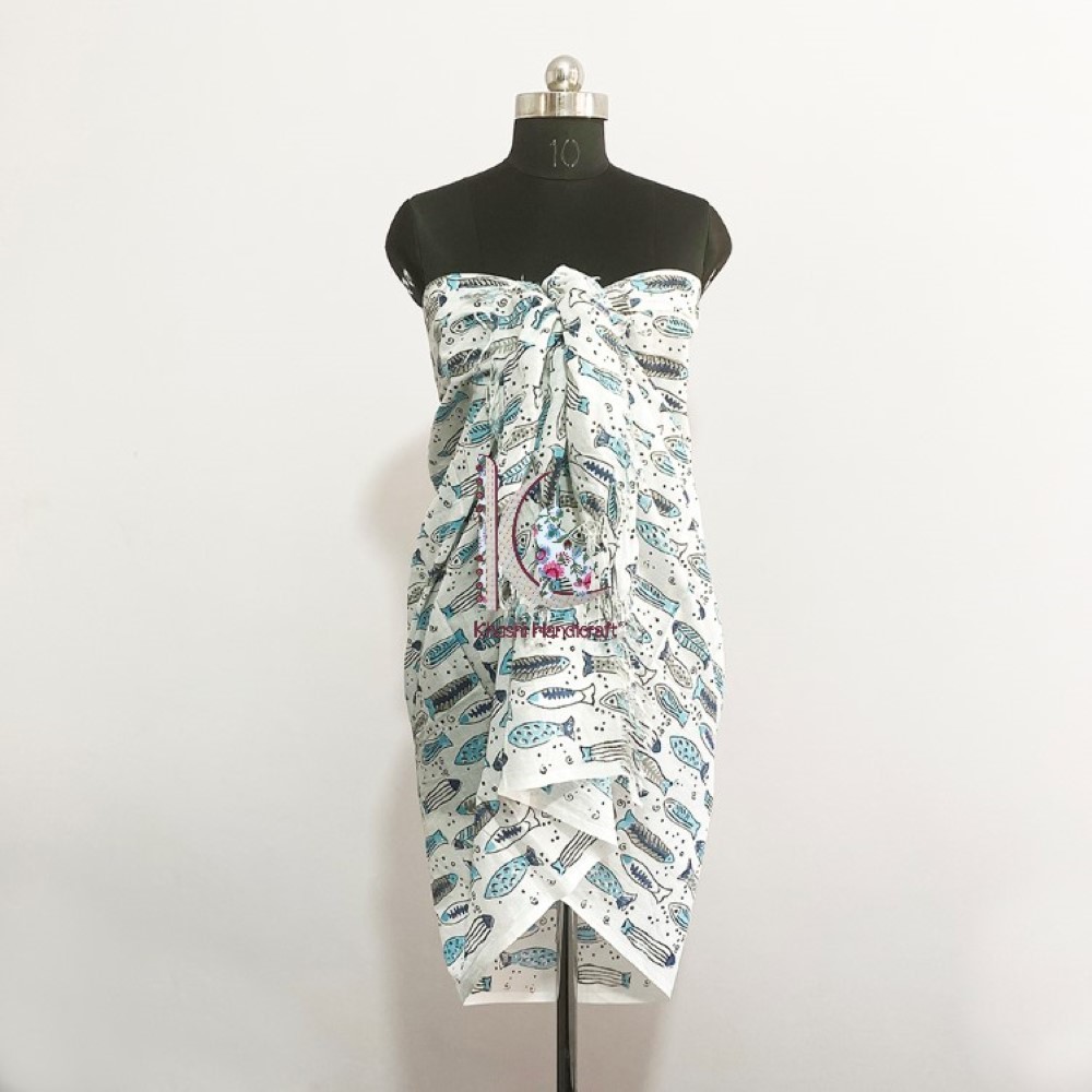 Sky Blue Pure Cotton Beach Wear Fish Pareo Sarong