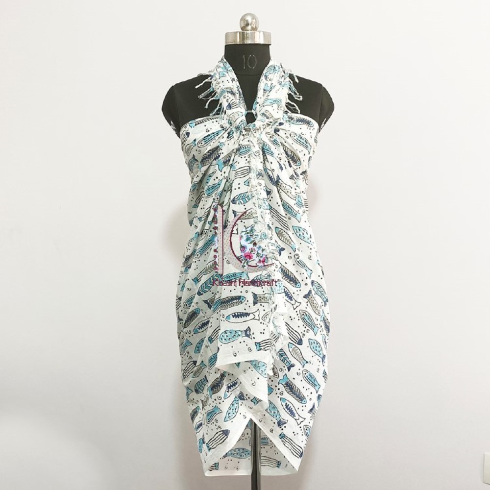 Sky Blue Pure Cotton Beach Wear Fish Pareo Sarong