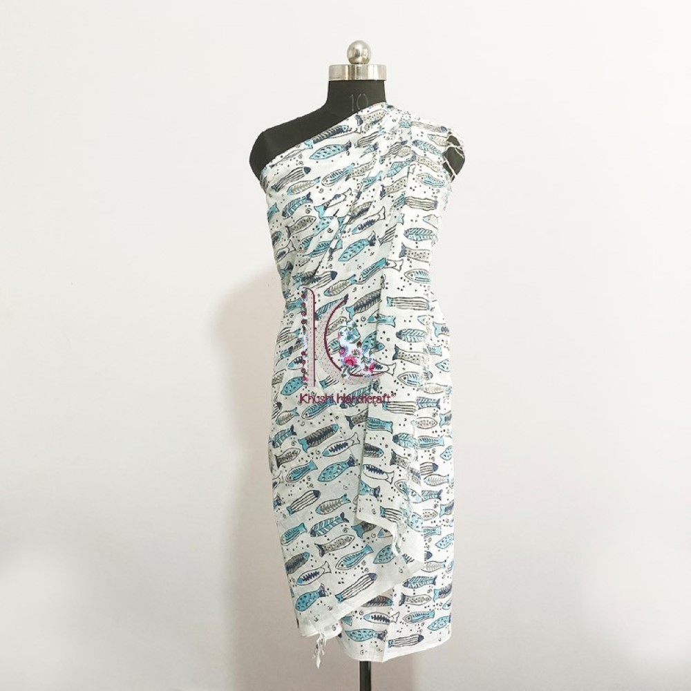 Sky Blue Pure Cotton Beach Wear Fish Pareo Sarong