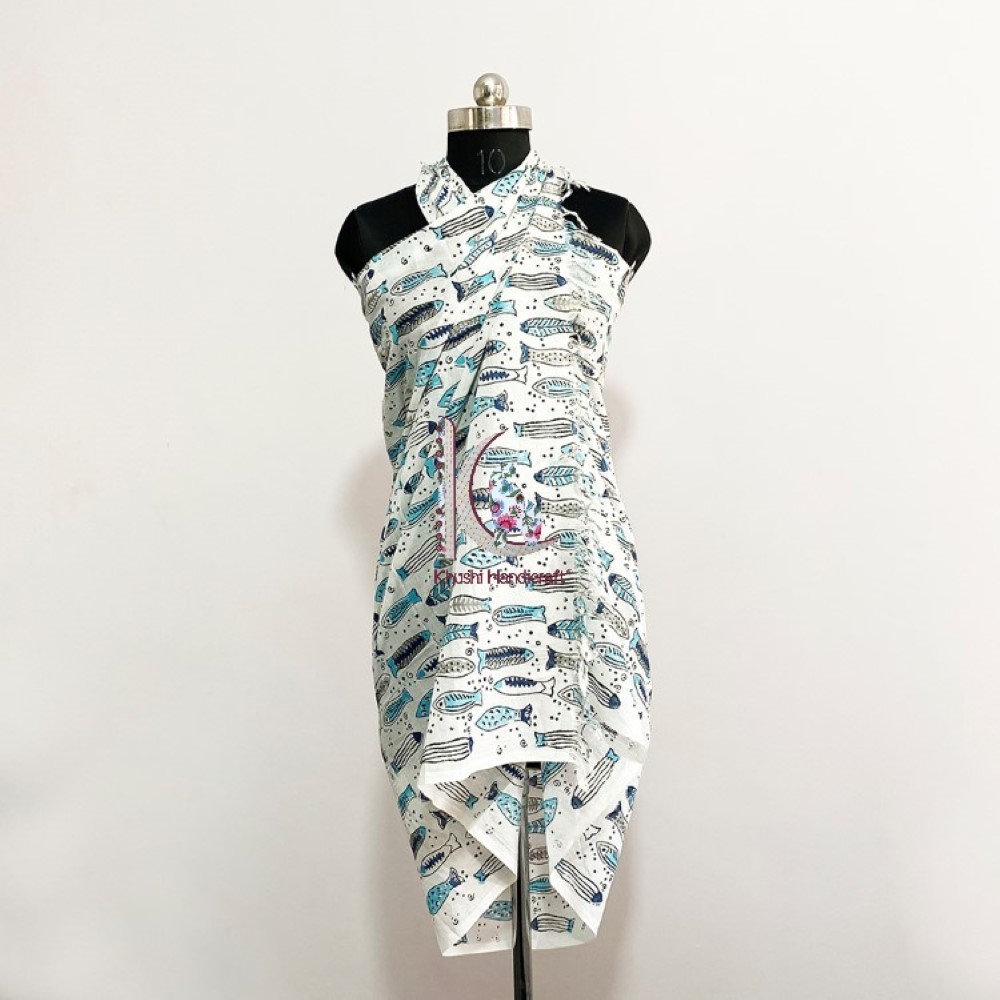 Sky Blue Pure Cotton Beach Wear Fish Pareo Sarong