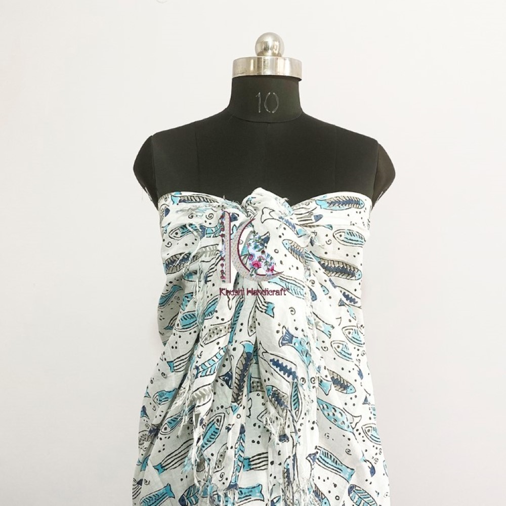 Sky Blue Pure Cotton Beach Wear Fish Pareo Sarong