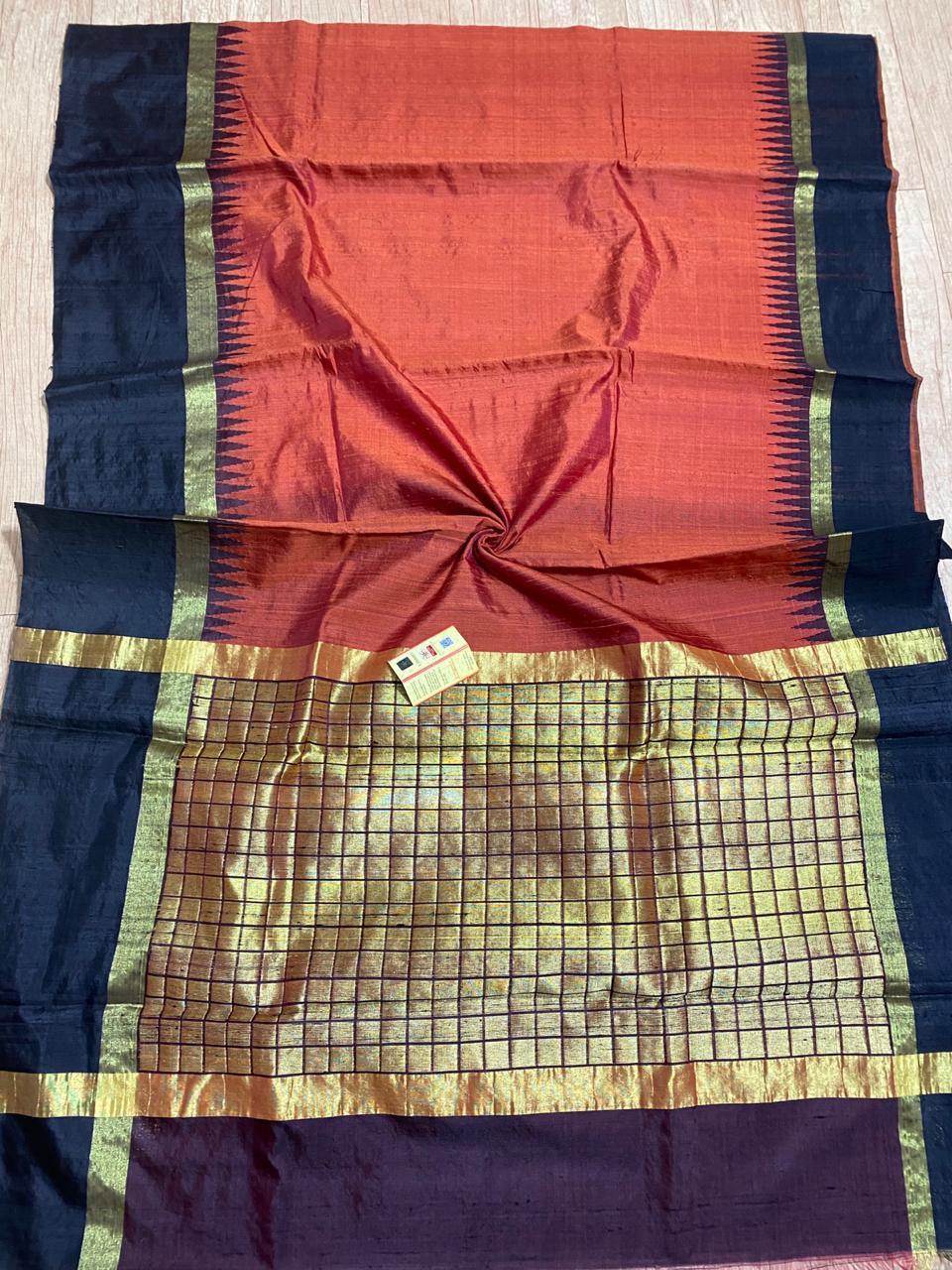 Pure Dupion Raw Silk Handloom Double Sided Temple Border Saree - Elegant Party Wear, Versatile For All Seasons, Includes Blouse