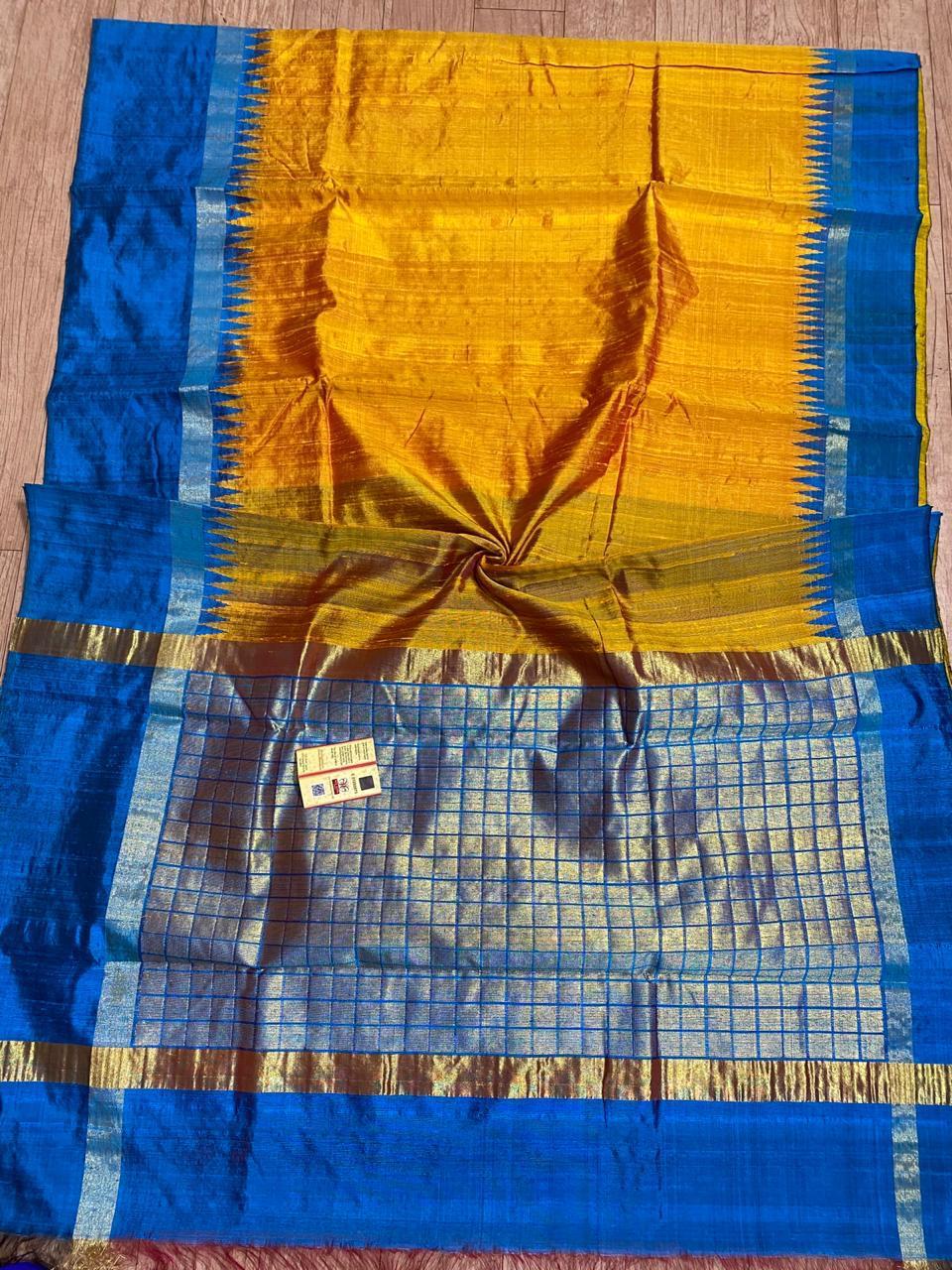 Pure Dupion Raw Silk Handloom Double Sided Temple Border Saree - Elegant Party Wear, Versatile For All Seasons, Includes Blouse