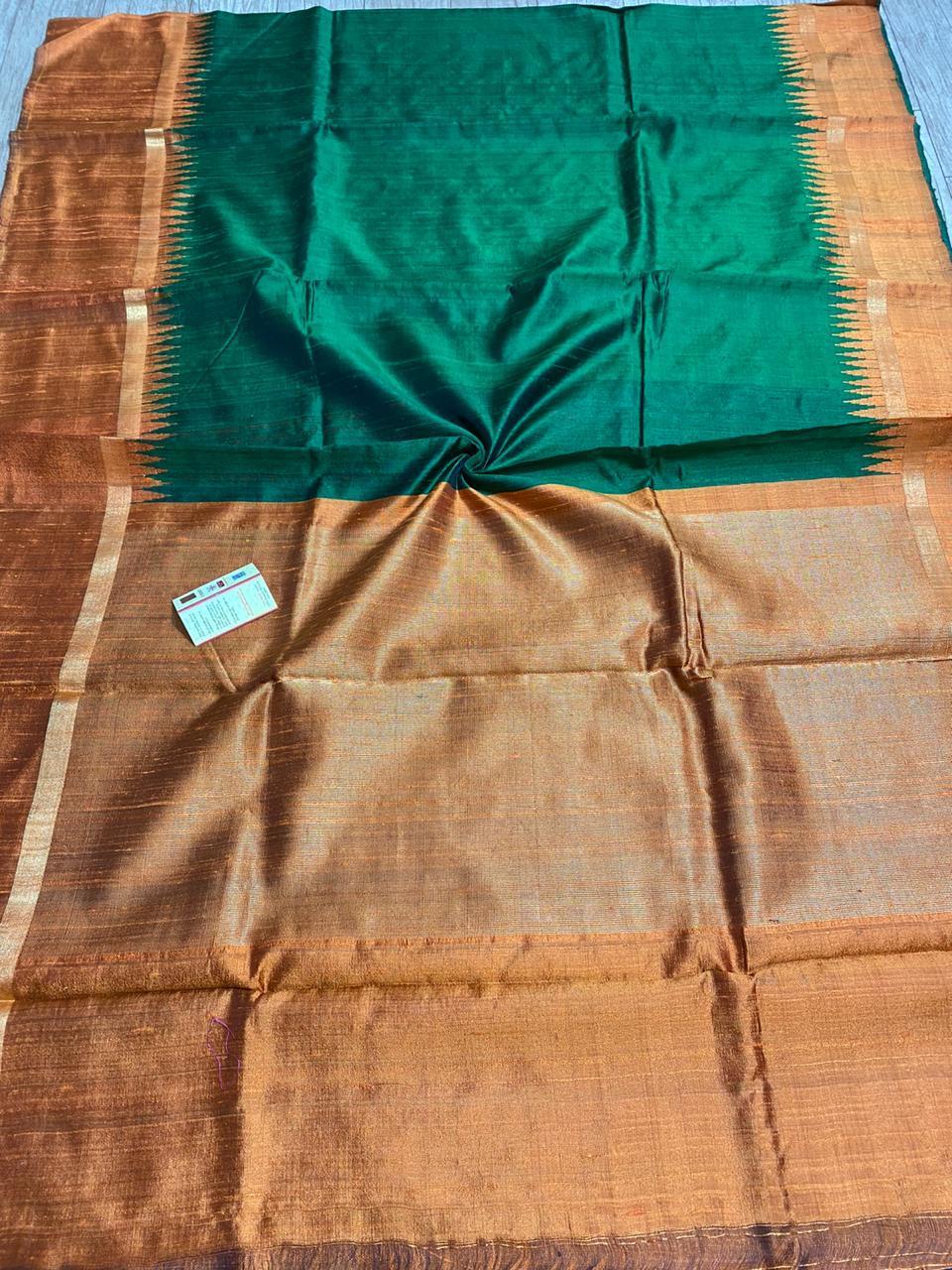 Pure Dupion Raw Silk Handloom Double Sided Temple Border Saree - Elegant Party Wear, Versatile For All Seasons, Includes Blouse