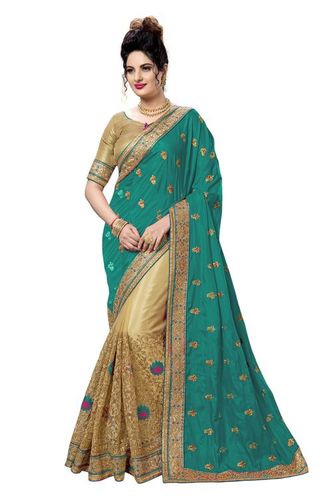 रेड सिल्क और नेट एम्ब्रॉएडर्ड वर्क साड़ी