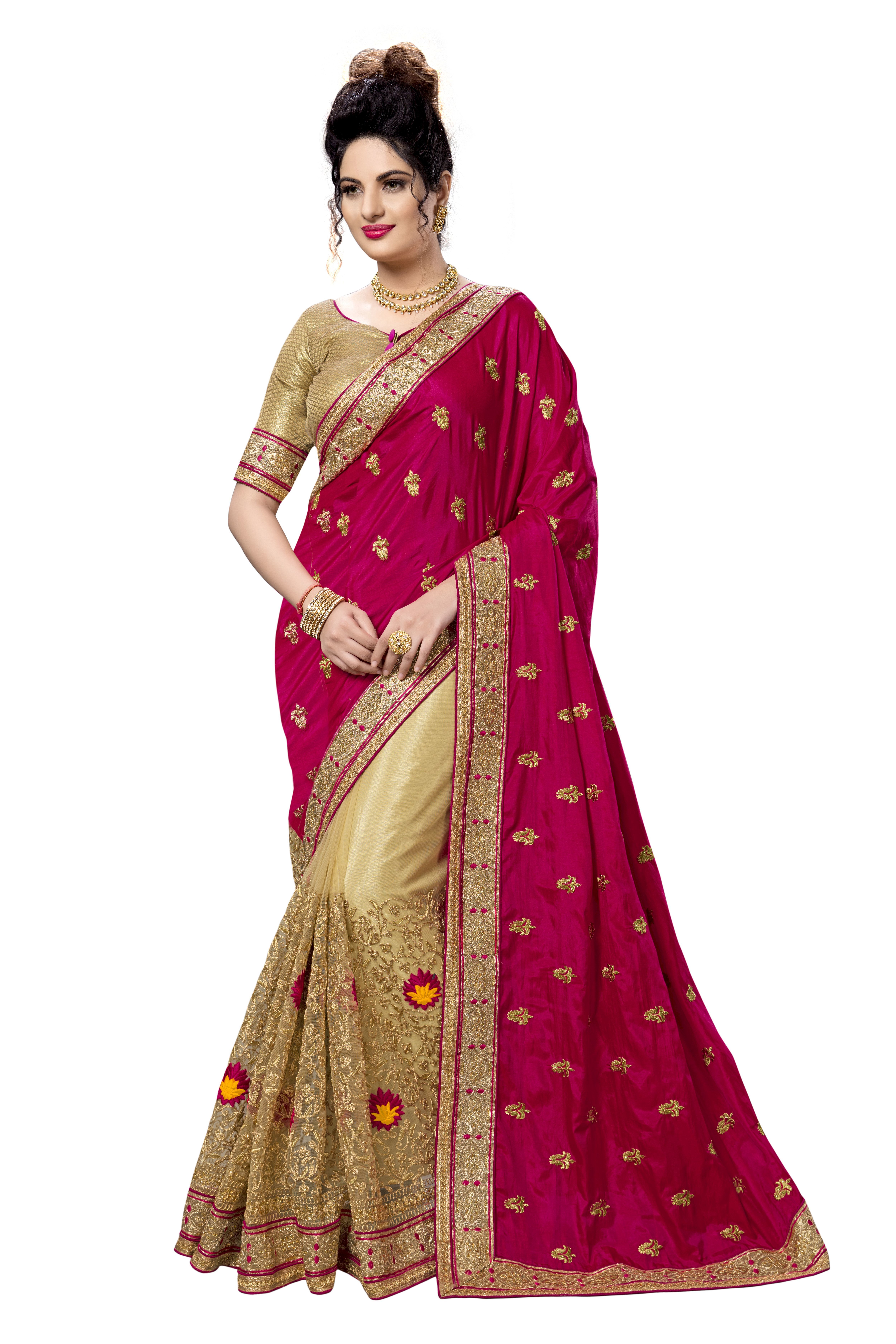 Red Silk & Net Embroidered Work Saree