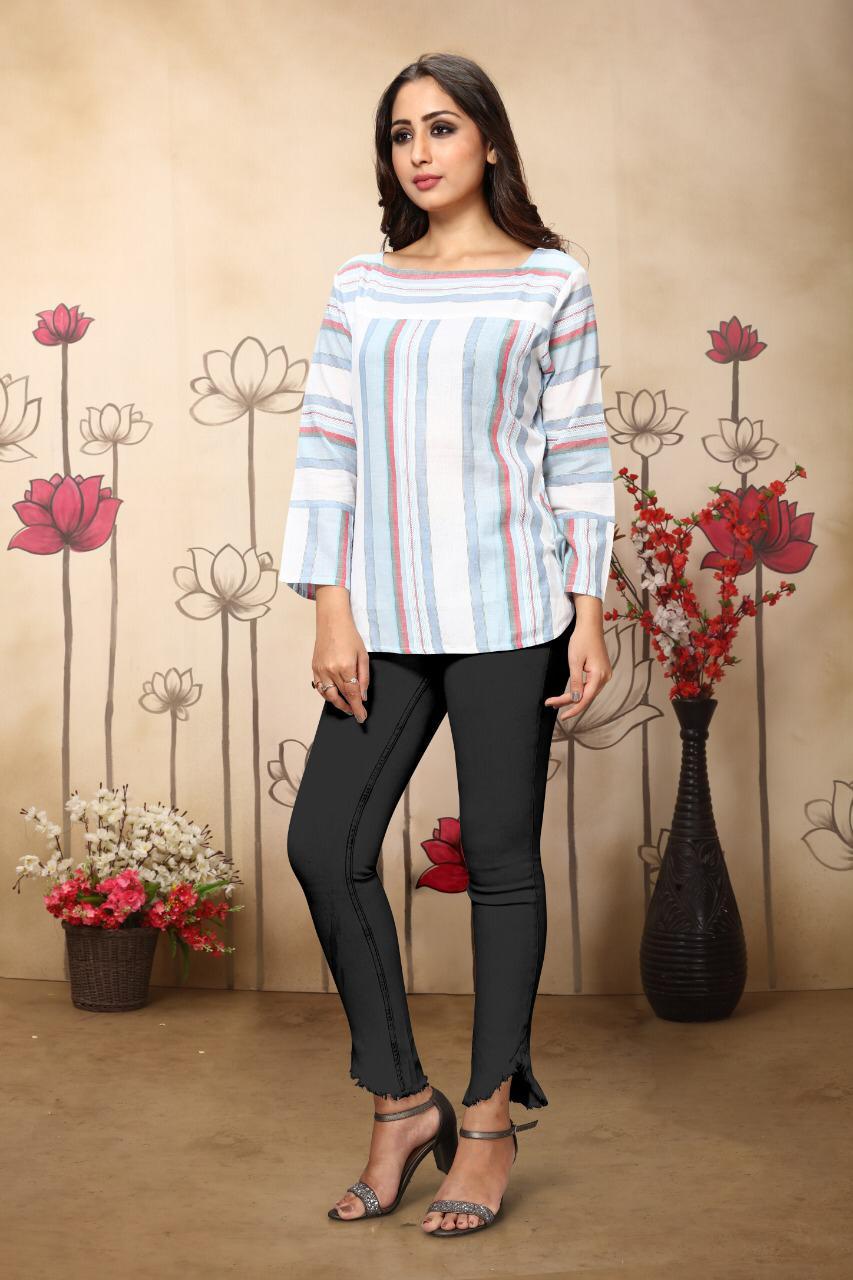 Ladies Tops - Woven Stripes Cotton, Sizes S(l36) M(38) L(40) Xl(42), Washable, Printed Pattern, Suitable For All Seasons