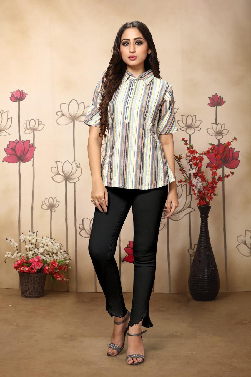 Ladies Tops - Woven Stripes Cotton, Sizes S(l36) M(38) L(40) Xl(42), Washable, Printed Pattern, Suitable For All Seasons
