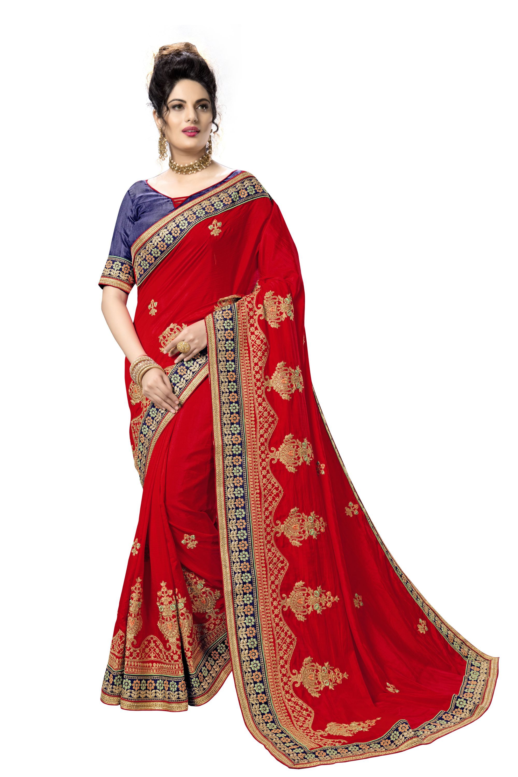 Red Silk Embroidery Work Saree