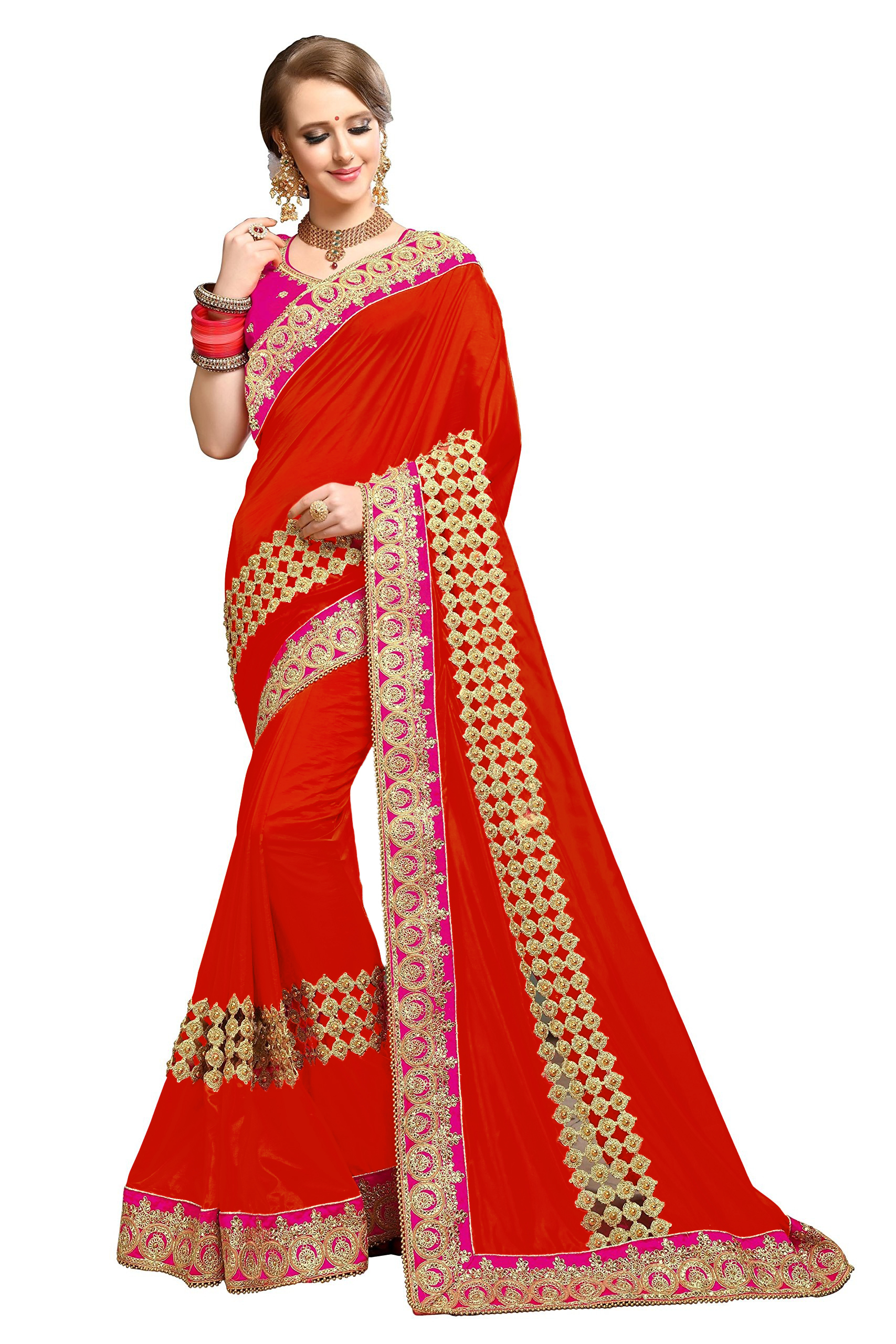 Red Silk Embroidered Work Saree