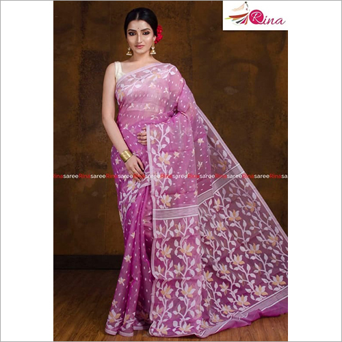 Designer Soft Dhakay Jamdani Saree - Hand Embroidered Cotton Blend, Casual Wear for All Seasons