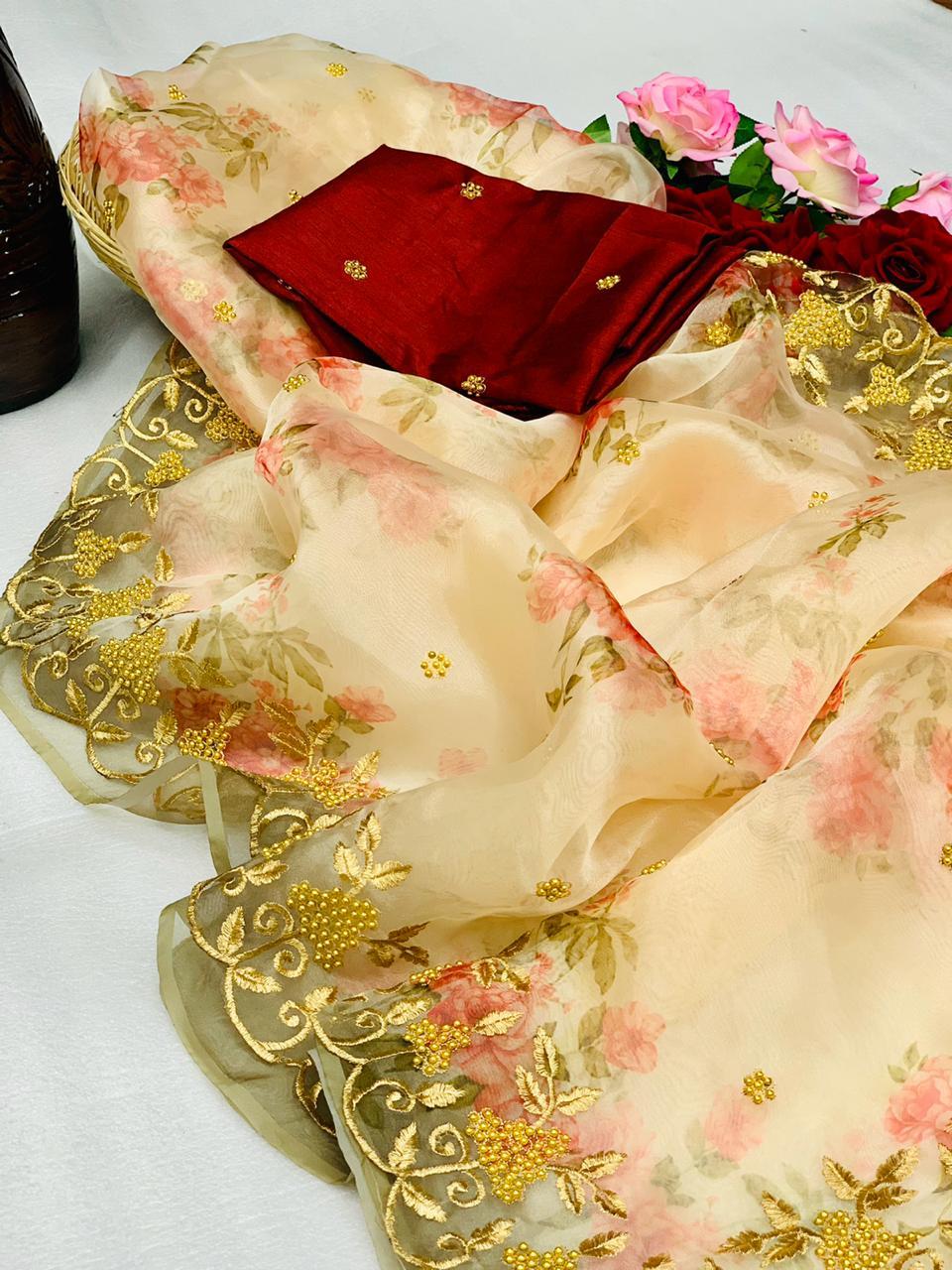 Silk Printed Organza Embroidered Sarees