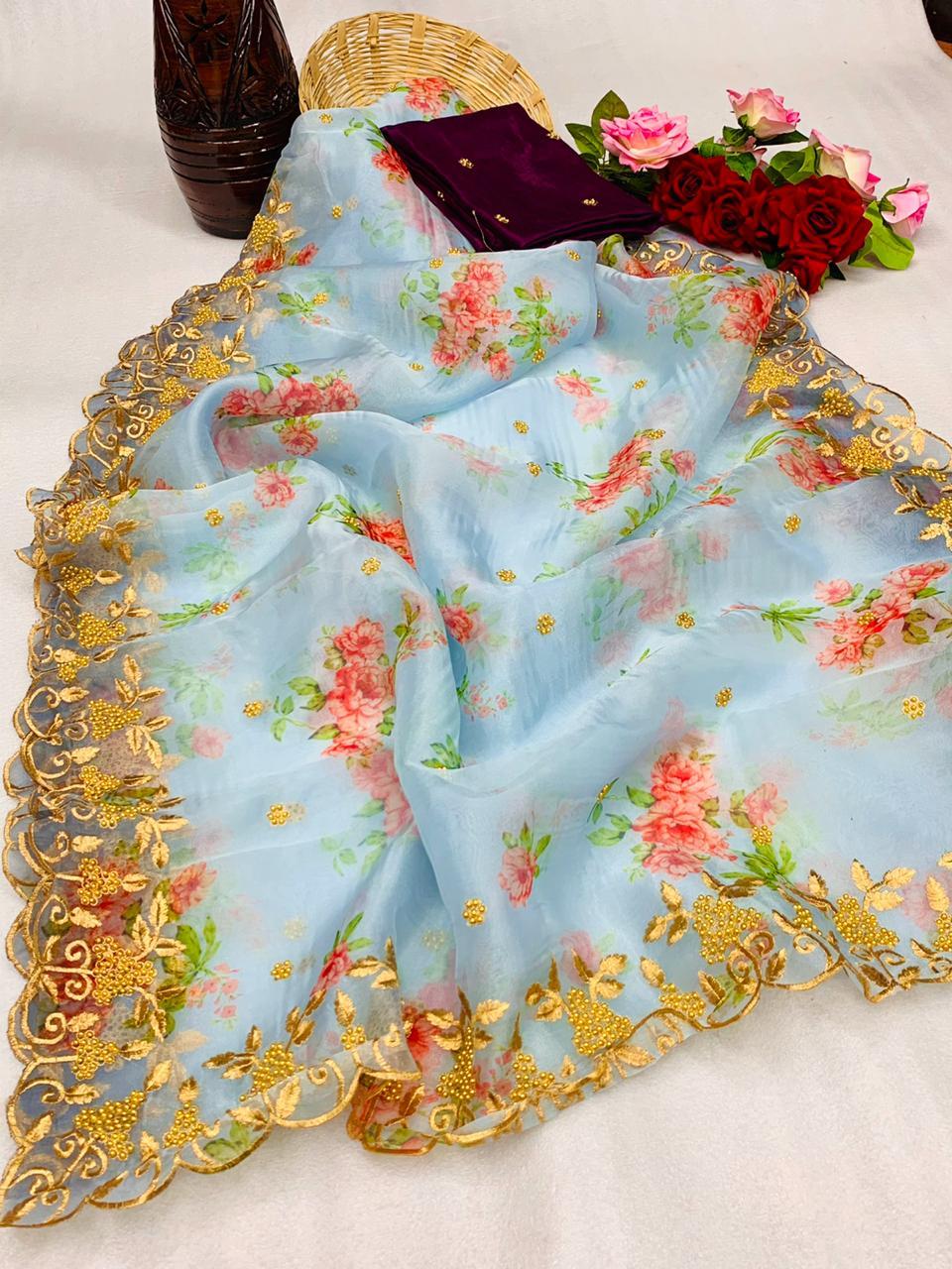 Silk Printed Organza Embroidered Sarees