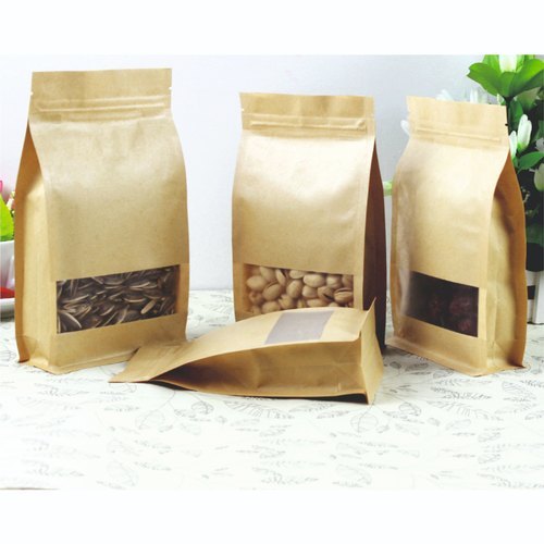 Brown Kraft Paper Stand Up Pouch - Kraft Paper, Zipper & Matte Window, Brown Color With Inner-bag Lamination For Freshness, Gusseted Base For Stability