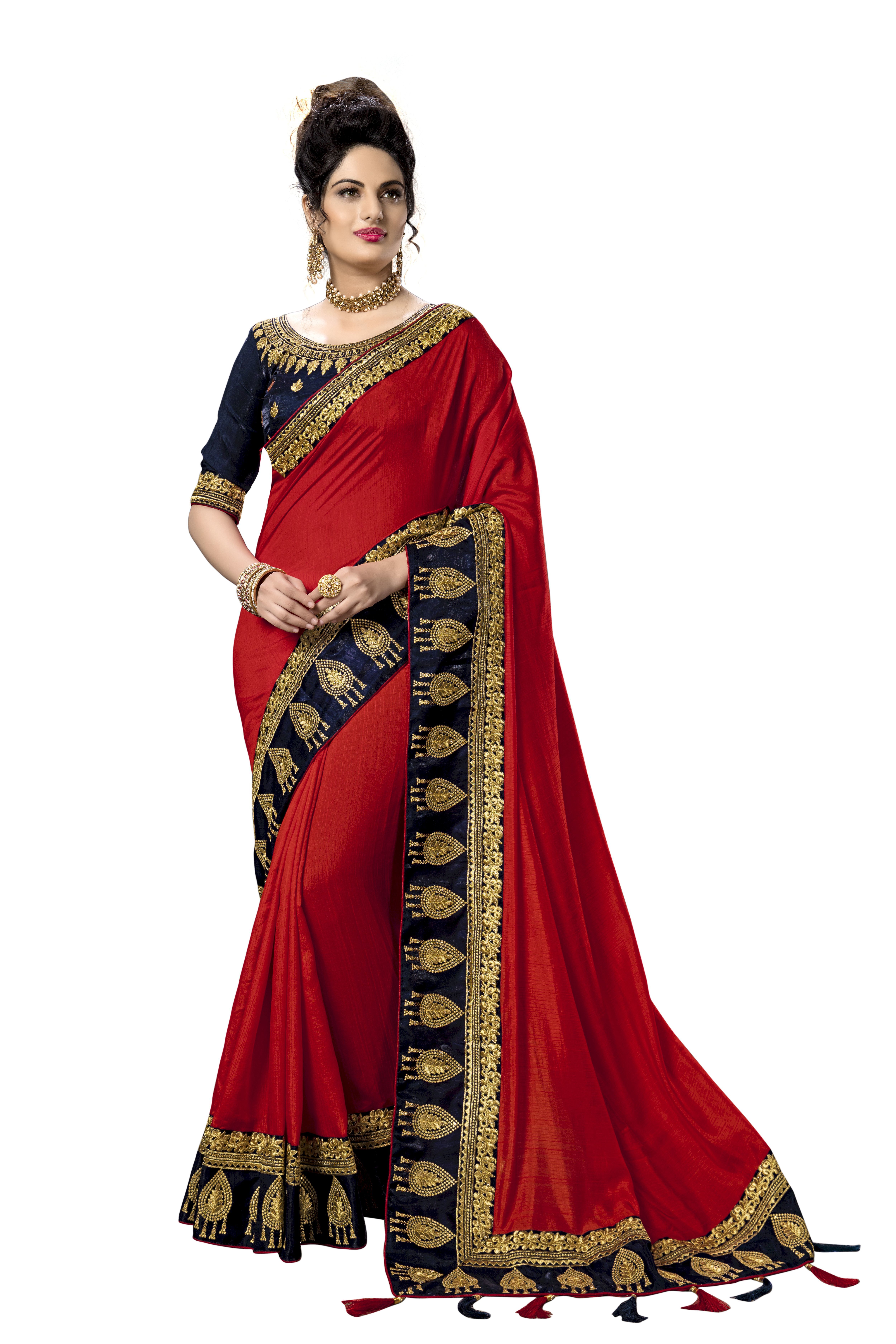 Satin Embroidered Work Saree - Satin Fabric, 6.30 Meters Length, Red With Stone Work & Tassel Pallu, Includes Unstitched Dupion Silk Blouse Piece