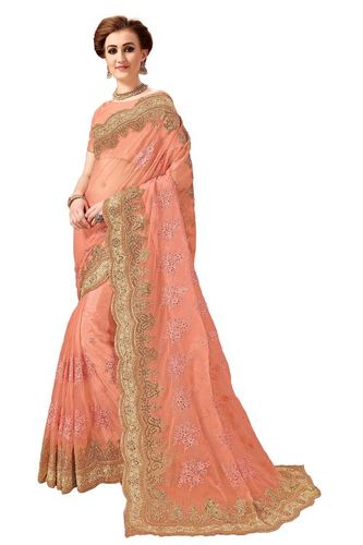 Red Net Embroidery Work Saree