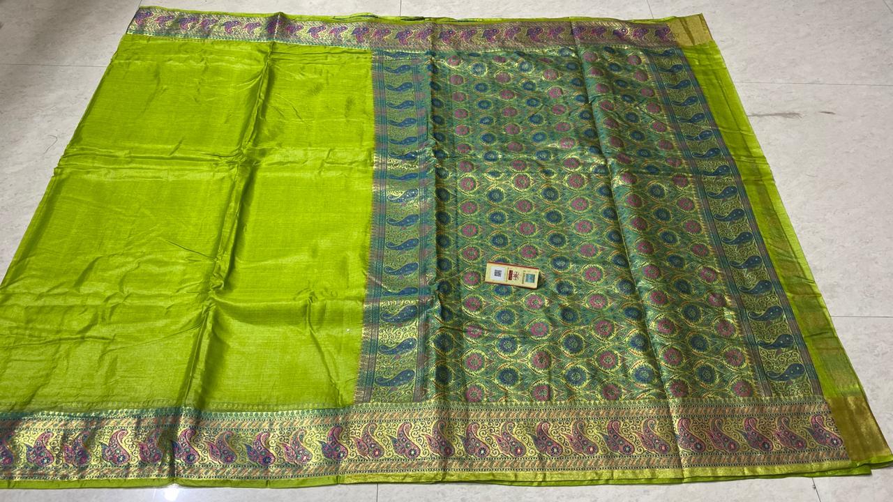 Pure Tussar Silk Saree With Banarsi Woven Border, Pallu & Blouse - Material: Pure Tussar Silk | Occasion: Party Wear, Style: Banarasi, All Seasons