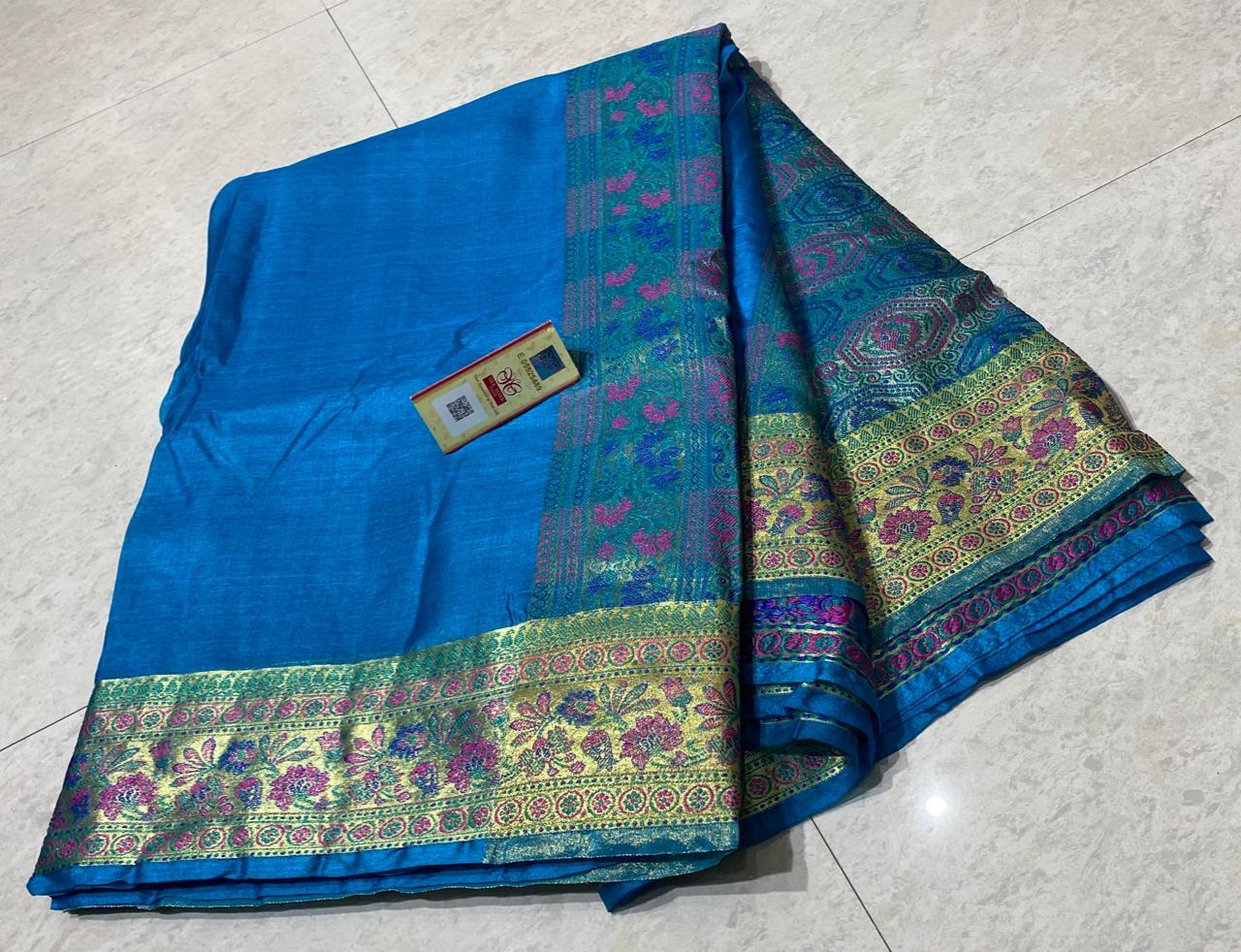 Pure Tussar Silk Saree With Banarsi Woven Border, Pallu & Blouse - Material: Pure Tussar Silk | Occasion: Party Wear, Style: Banarasi, All Seasons