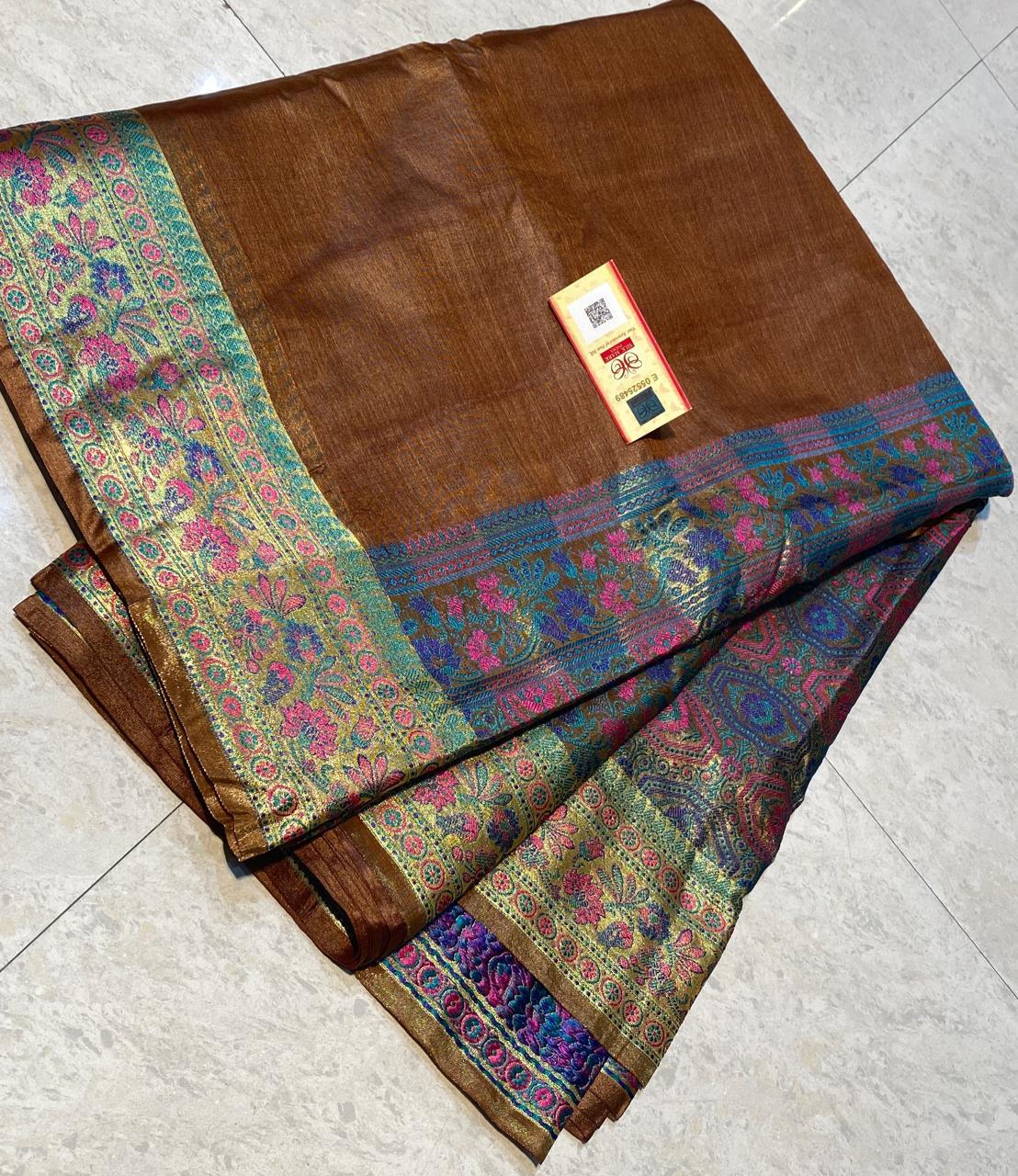 Pure Tussar Silk Saree With Banarsi Woven Border, Pallu & Blouse - Material: Pure Tussar Silk | Occasion: Party Wear, Style: Banarasi, All Seasons