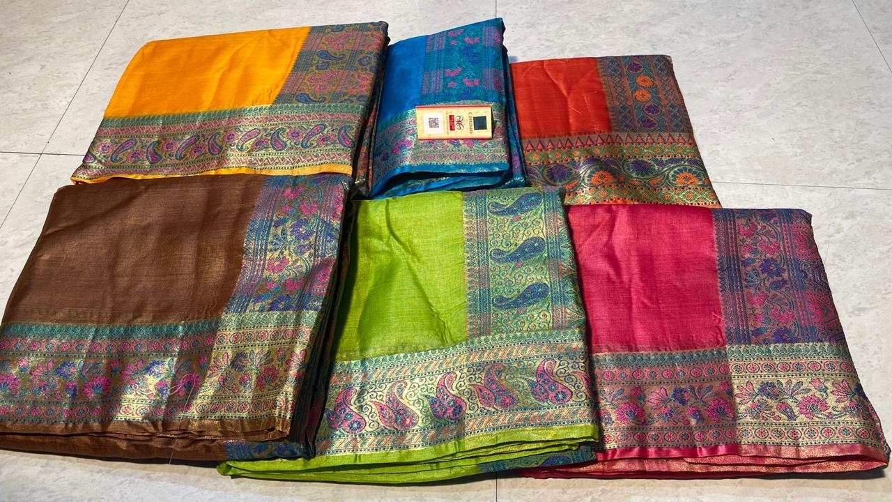 Pure Tussar Silk Saree With Banarsi Woven Border, Pallu & Blouse - Material: Pure Tussar Silk | Occasion: Party Wear, Style: Banarasi, All Seasons