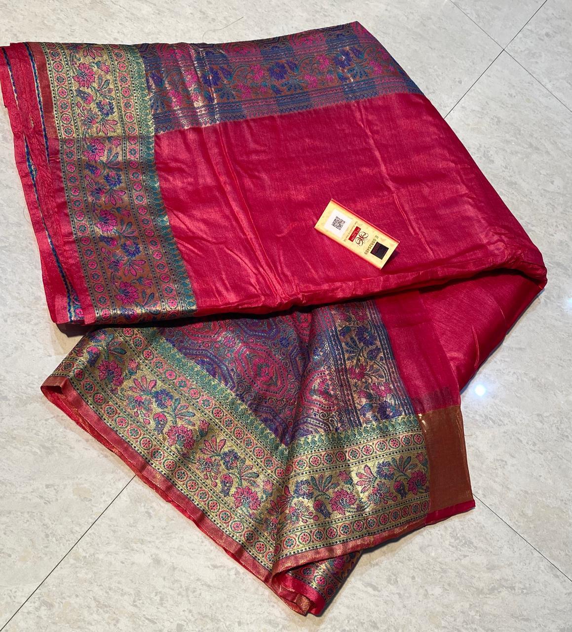 Pure Tussar Silk Saree With Banarsi Woven Border, Pallu & Blouse - Material: Pure Tussar Silk | Occasion: Party Wear, Style: Banarasi, All Seasons