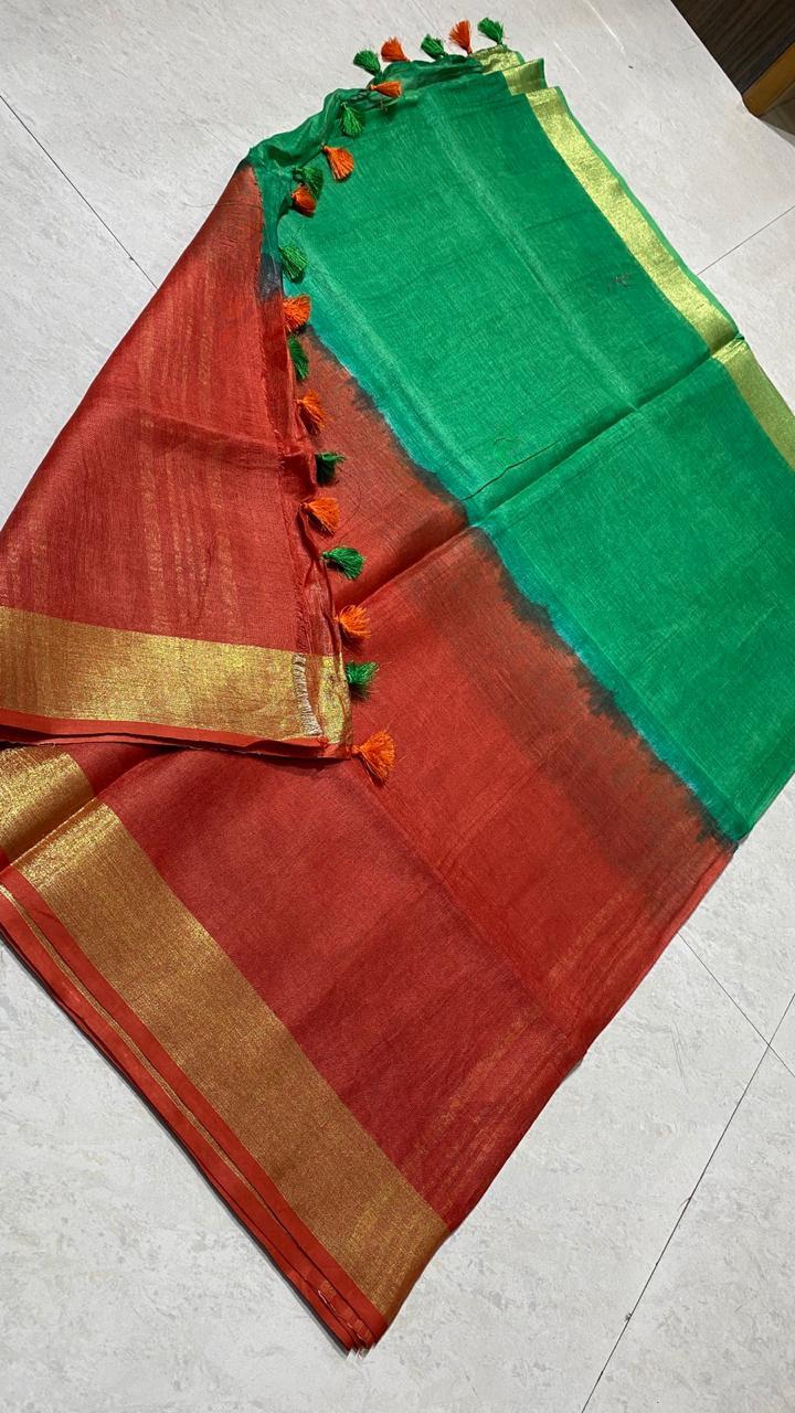 Best Quality Pure Linen By Linen 120 Count Tie And Die Saree - Silk Material, Party Wear, Seasonal Versatility For Rainy, Spring, Summer, Winter | Includes Blouse
