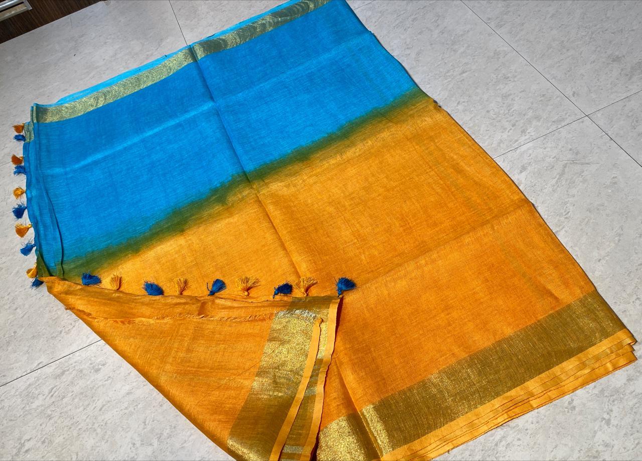 Best Quality Pure Linen By Linen 120 Count Tie And Die Saree - Silk Material, Party Wear, Seasonal Versatility For Rainy, Spring, Summer, Winter | Includes Blouse