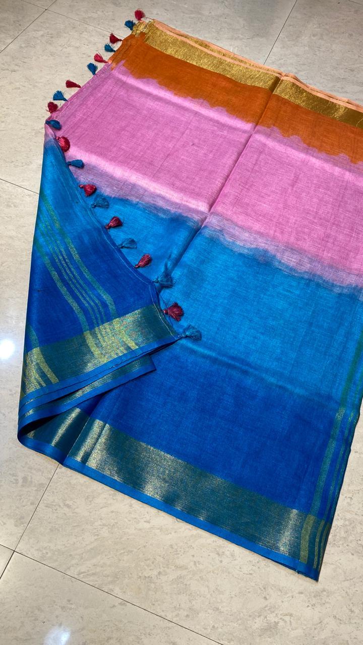 Best Quality Pure Linen By Linen 120 Count Tie And Die Saree - Silk Material, Party Wear, Seasonal Versatility For Rainy, Spring, Summer, Winter | Includes Blouse