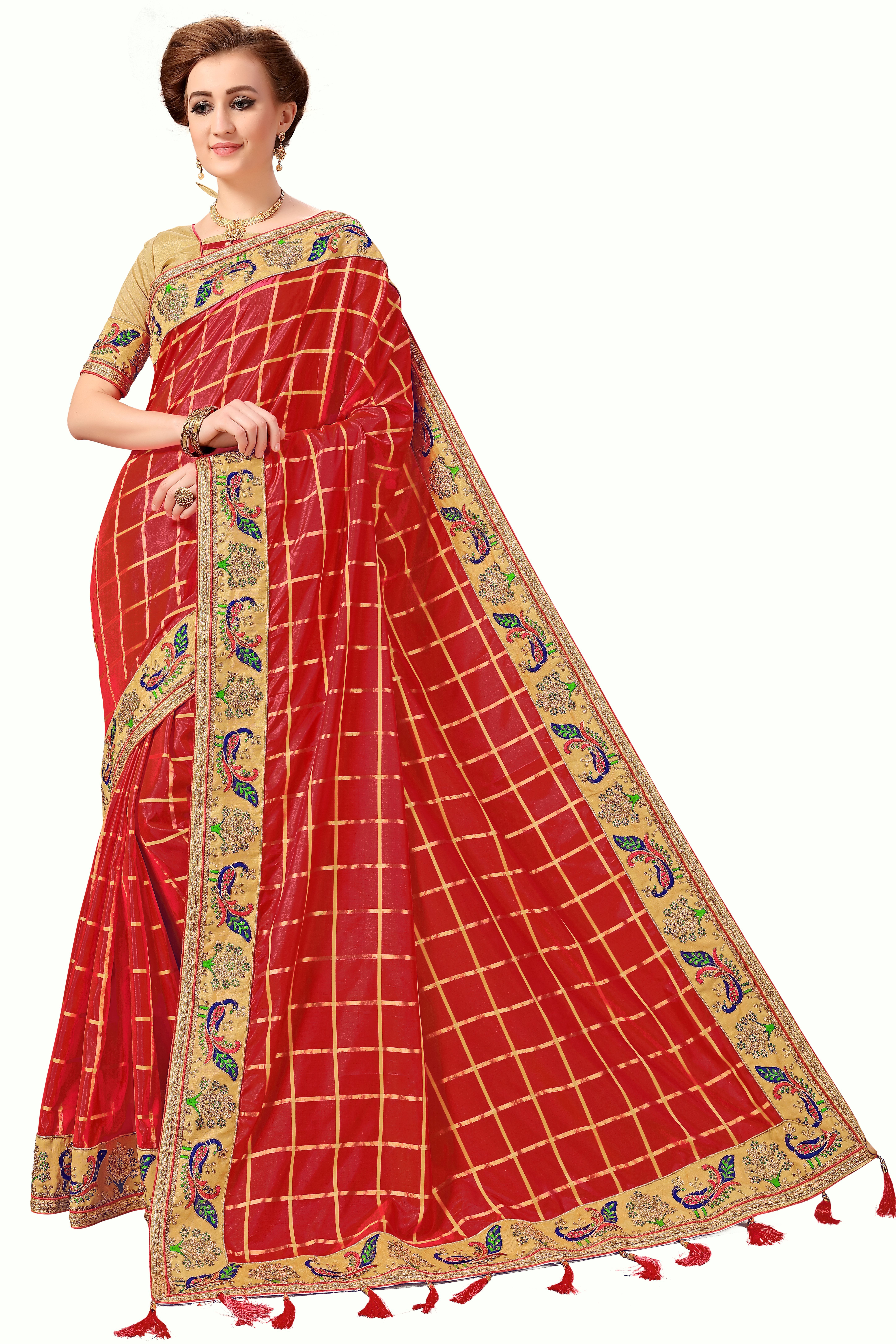 Red Peacock Design Silk Embroidered Work Saree