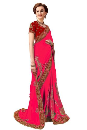 Red Silk Embroidered Work Saree