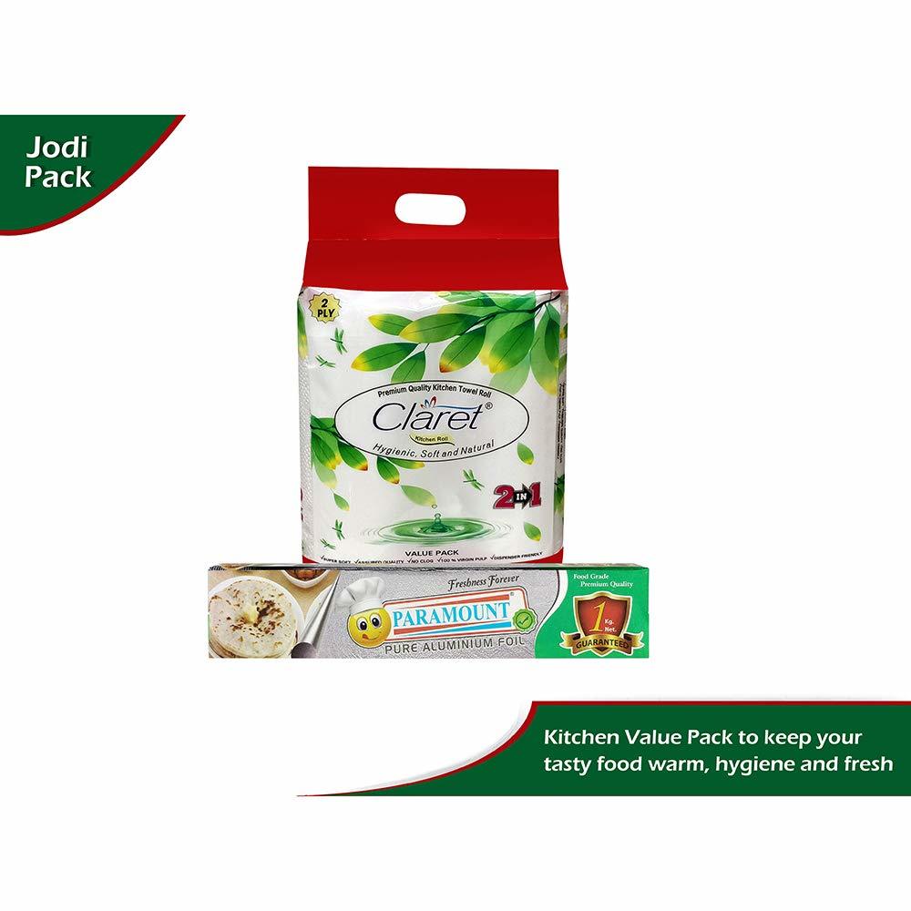 Claret Kitchen Value Pack - 2 Ply Kitchen Towel Roll & 1 Kg Aluminium Foil Roll | Hygienic, Safe For Food Wrap, Keeps Food Fresh