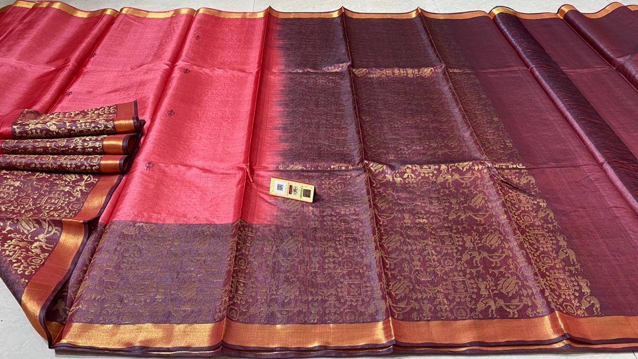 Pure Tussar (Kosa) Silk Handloom Hand Border (Baster Figure Weaved) Saree - Silk Material, Contrast Plain Blouse With Jari Border | Party Wear, Suitable For All Seasons