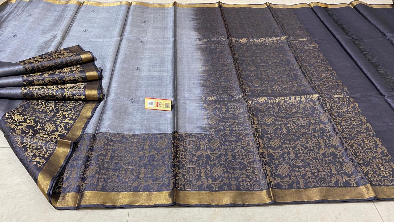 Pure Tussar (Kosa) Silk Handloom Hand Border (Baster Figure Weaved) Saree - Silk Material, Contrast Plain Blouse With Jari Border | Party Wear, Suitable For All Seasons