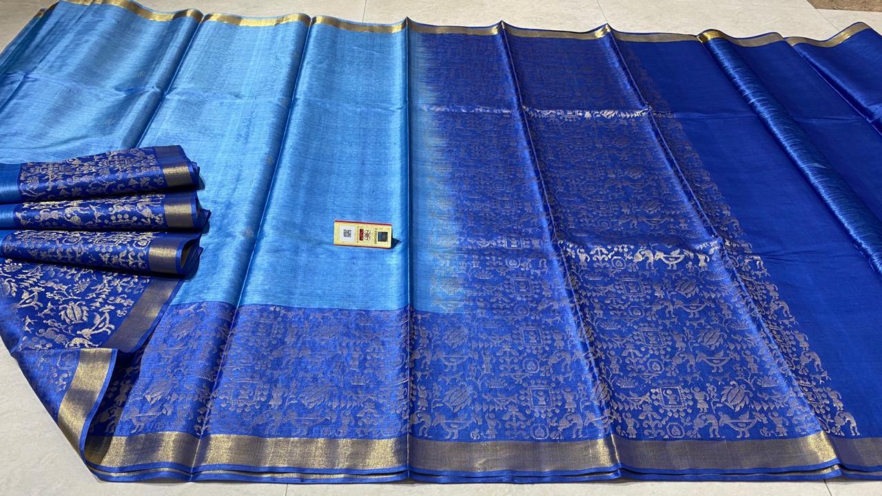 Pure Tussar (Kosa) Silk Handloom Hand Border (Baster Figure Weaved) Saree - Silk Material, Contrast Plain Blouse With Jari Border | Party Wear, Suitable For All Seasons