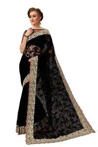 Black Paisley Design Net Embroidered Work Saree