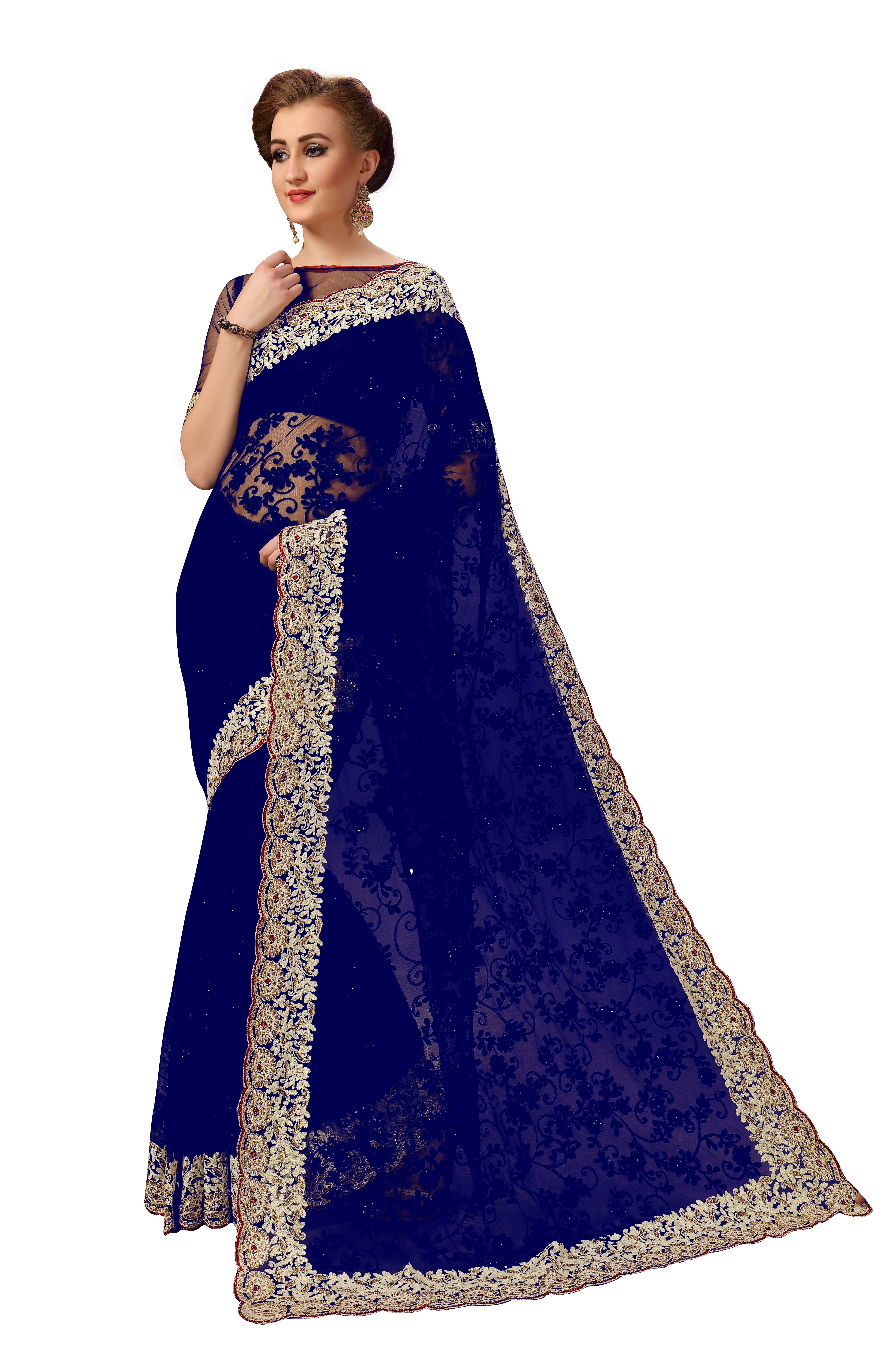 Black Paisley Design Net Embroidered Work Saree