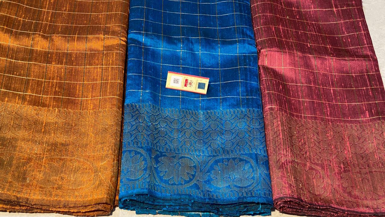 Party Wear Pure Dupion Raw Silk Handloom Hand Border Saree , All Over Jari Weaving