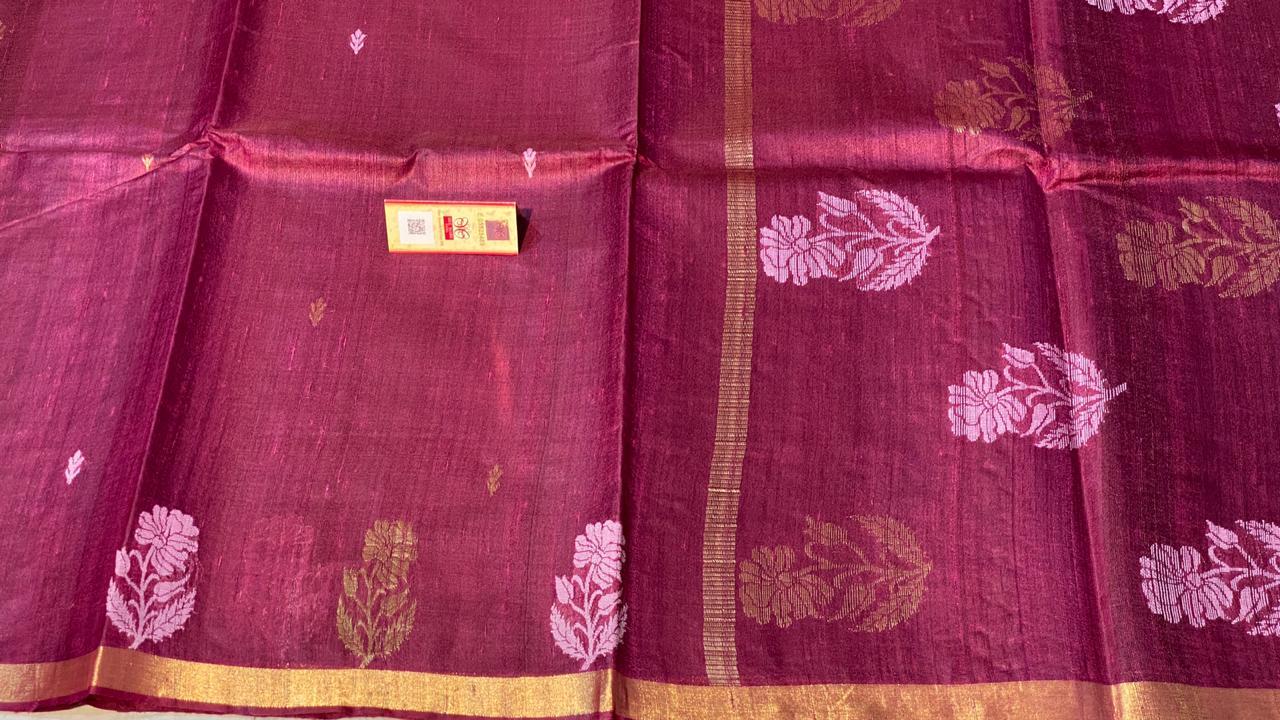 Pure Tussar (Kosa) Silk Handloom All Over Flower Weaved Saree - Pure Tussar Silk Running Plain Blouse Elegant Flower Pattern Ideal For Party Wear