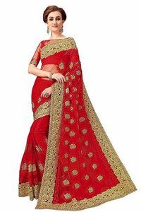 Red Floral Design Net Embroidery Work Saree