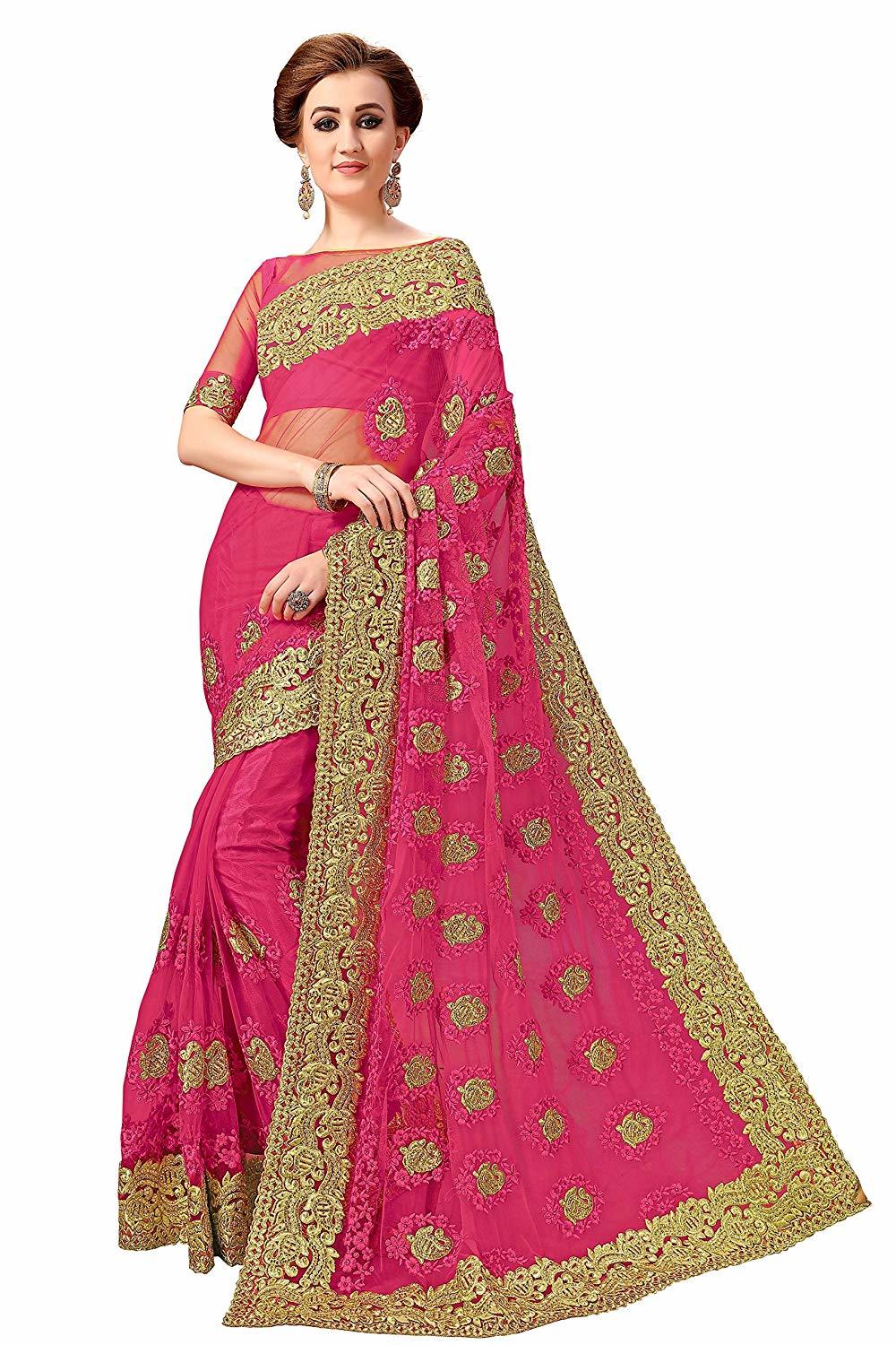 Red Floral Design Net Embroidery Work Saree
