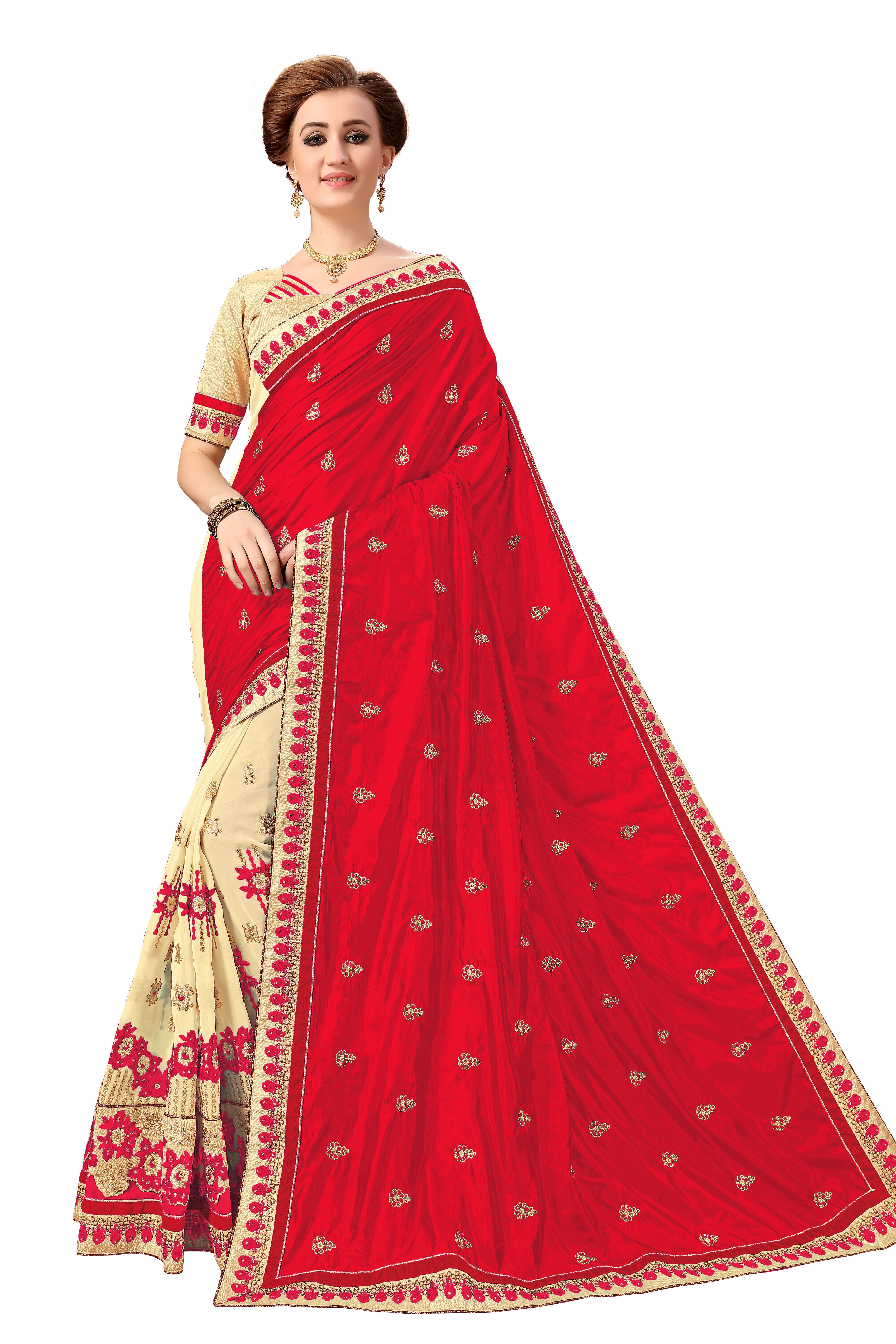 Turquoise Floral Design Silk & Georgette Embroidered Work Saree