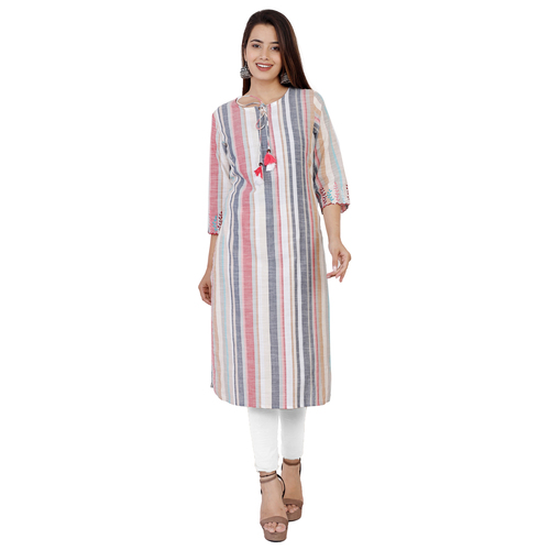 Women Kurti - Cotton, Knee Length, White Striped Design | 3/4 Sleeves, Regular Fit, Round Neck