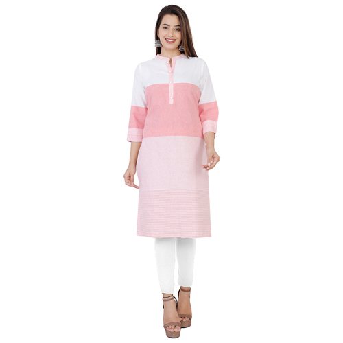 Women Kurtis - Cotton, Knee-Length, Pink Striped Design | Three-Quarter Sleeves, Mandarin Collar, Regular Fit