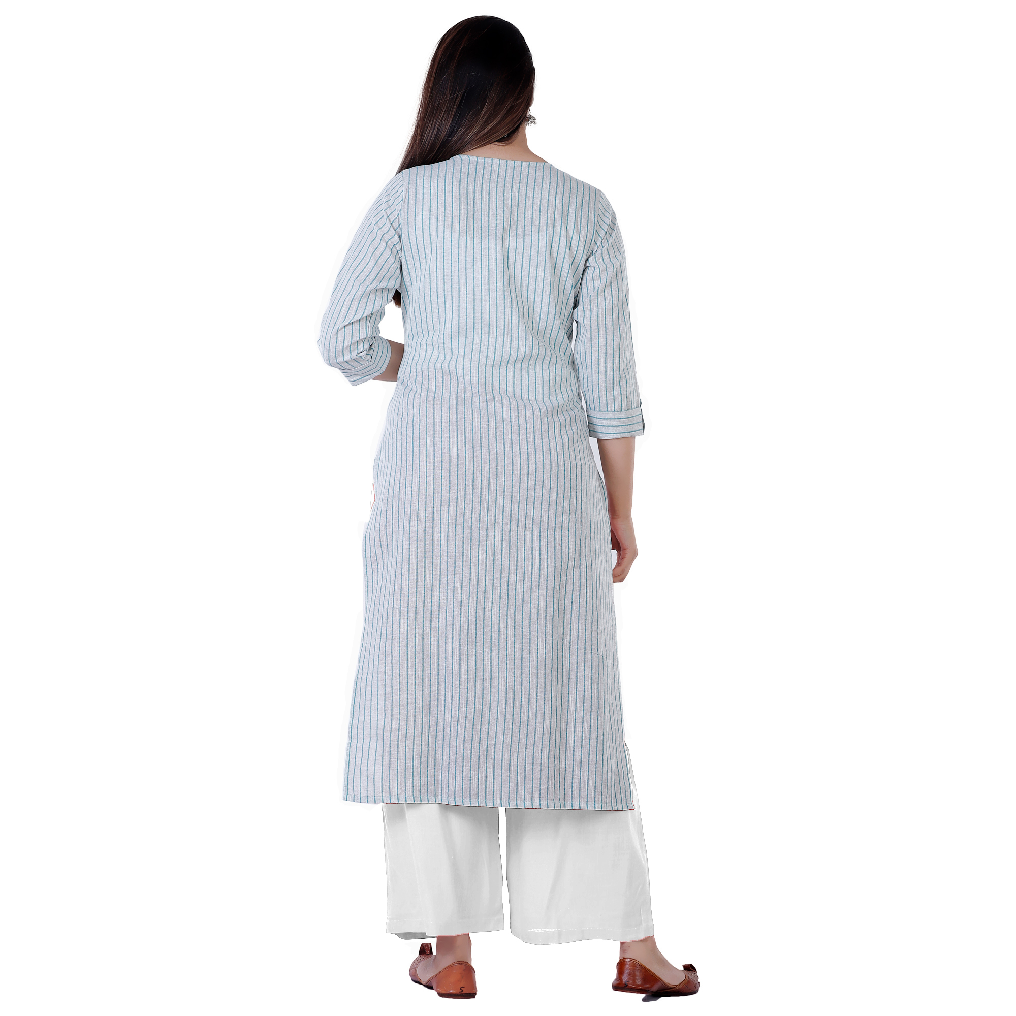 Ladies Cotton Designer Kurti - 3/4 Sleeves, Knee Length | Blue Striped Round Neck For Casual Wear