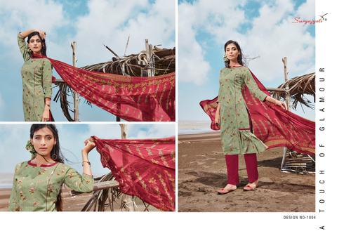 FANTASY VOL-1 - Satin Cotton, 2.5x2.5-2.25 Meters Green Fabric with Chiffon Dupatta | Exclusive Pouch and Leather Bag Packing