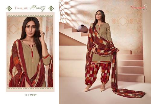 PANEREE PATIALA VOL-17 - 14Kg Rayon Print Top & Bottom, Chiffon Dupatta 2.5-2.5-2.25m | Exclusive Pouch with Leather Bag Pack, Beige Color