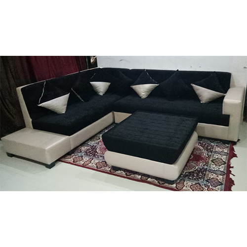 L Shaped Sofa Set - Wood, Fabric, Variable Dimensions | Black Finish, Lightweight Design, Elegant Aesthetic, 5-7 Seating Capacity